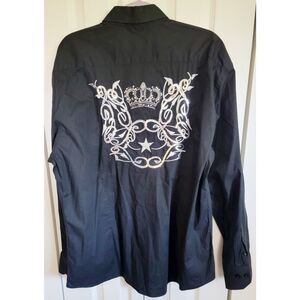 B&C‎ Collection XXXL Black Casual Button Up Long Sleeve Shirt Men's Crown Beaded